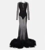 [The Attico] The Attico Feather-trimmed cutout gown AU 8 black