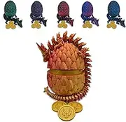 3D Printed Egg with Dragon Inside, Large Crystal Dragon in Scaled Egg with Lucky Coins, Full Articulated Figurine for Adults with ADHD, Autism, Stress and Anxiety Relief (Red and Gold)