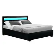 LED Bed Frame PU Leather Gas Lift Storage - Black Double