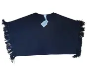Chico's Small Medium Knit Kit S/S Pullover Top Black Fringe Poncho NWT