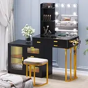 Dystler Vanity Makeup Desk with Mirror and Lights, Vanity Makeup Table with 6 Drawers/Large Storage, Dressing Table with 3 Colors Lighting & Charging Station for Girls/Women, Black