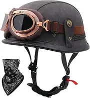 Leather Motorcycle Half Helmet Vintage Half Shell Helmet with Goggle Open Helmet Removable and Washable Liner for Adult Men Women Motorcycle Street Racing ECE/DOT Approved