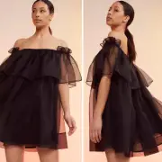 NEW Cynthia Rowley Dress Flirt Organza Black Off the Shoulder Mini Dress Size S