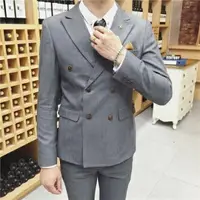 在飛比找樂天市場購物網優惠-西裝外套西服套裝(二件套)-韓版雙排雙扣造型正式場合男裝2色