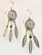 ❤️NEW❤️ Southwest Concho Stamp Feather Turquoise Dangling Sterling Earrings Boho