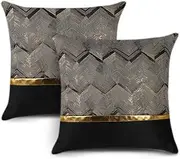 Set of 2 Throw Pillow Covers for Bed Couch Sofa Car Decor Luxury Modern Minimalist Gold Leather Stitching Wavy Stripes Square Pillowcase Cushion Cover 18 X 18 Inches (Black)