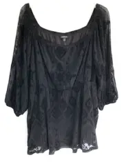 Torrid Black Mesh Velour Printed Puff Sleeve Peasant Top 2X 25A