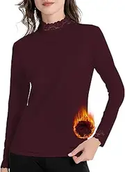 [MOSCOAL] Thermal Tops for Women Fleece Lined Long Sleeve Shirts Mcok Neck/Scoop Neck Base Layer Lace Undershirt
