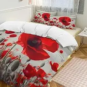 YKLBV 105g Thickened Ground Cloth Red Poppy Flower Printed Bedding 3-Piece Set (Including 1 Pillowcase, 1 Sheet, 1 Quilt Cover) All Season Comfortable Sleep Essential