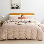 JELLYMONI 100% Natural Cotton 3pcs Striped Duvet Cover Sets,White Duvet Cover with Pink Stripes Pattern Printed Comforter Cover,with Zipper Closure & Corner Ties(Queen Size)