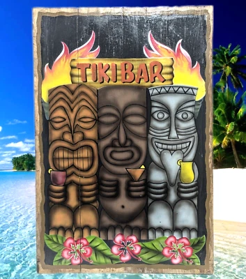 Tiki Bar Sign Tiki's Dringing Vintage Retro Beach Tropical Wood Sign 23" x 16"