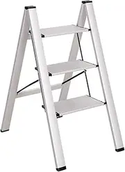 [BAOYOUNI] 3 Step Ladder Lightweight Folding Aluminum Step Stool Heavy Duty Stepladders Storage Shelf Rack with Anti-Slip Wide Pedal for Household, Office, Plant Pots Displaying – Silver