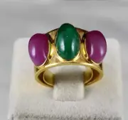 ANTIQUE NATURAL EMERALD RUBY CABOCHON GEMSTONE DIAMOND GOLD PLATED SILVER RING