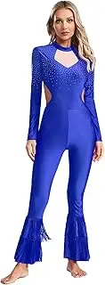 [TiaoBug] Women's Tiered Tassels Bell-Bottom Jumpsuit Costume Shiny Rhinestones Bodysuit Dance Party Halloween Costume