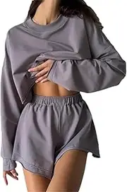 [REHJJDFD] Women Long Sleeve Short Pullover and Elastic Waist Shorts Sets Cotton Round Neck Tops Loose Suit