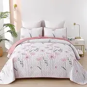 Dinjoy King Size Quilt Set Floral,3 Piece Pink/Blush Farmhouse Bedding Set Lightweight Flower Bedspreads White Coverlet Bed Sets Boho King Quilts for Girls All Season(110"x90")