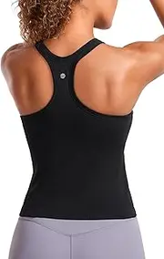 [CRZ YOGA] Seamless Ribbed Womens Tank Top Racerback Camisoles with Built in Bra Padded Scoop Neck Athletic Workout Slim Cami