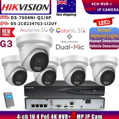 HIKVISION 4MP AI ColorVu IP Camera 3.0 Acusense Dual Mic 4CH 4POE NVR System Lot