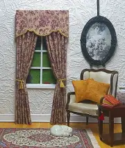 Burgundy Jacobean "Stylish" Dollhouse Curtains -1:12 scale*