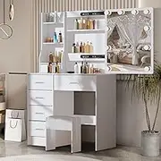 Umeiga Makeup Table with Mirror and Lights, Vanity Table Set with Chair/Stool, Lighted Mirror 10 Dimmable Bulbs, 6 Drawers, Makeup Vanity Desk for Women Girls, White Vanity Set 07