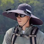 [Tousiyra] Wide Brim Solar Fan Hat Solar Powered Fan Hat Solar + USB Powered, Adjustable Angle, for Men and Women Fishing and Beach Brown,L