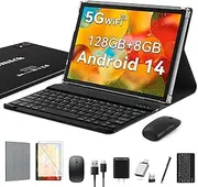 2025 Latest Android 14 Tablet, 10 Inch, 128GB+8GB+512GB Expandable, Octa-Core Processor, 2 in 1 with Keyboard Case Mouse, 7000mAh Battery, 5G WiFi, Dual Camera, BT5.0