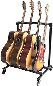 Flatsons Guitar Stand Foldable Multi Guitar Stand 5 Holder Guitar Folding Stand Rack with Wheel for Bass Acoustic Guitar Black