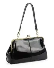 Vintage Kiss Lock Handbags Shiny Patent Leather Evening Clutch Purse Tote Black