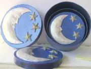 Nesting 3D Silver Moon & Stars Deep Blue Paper Mache Round Boxes 3 Set 8" 7" 5"