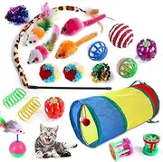 Mumoo Bear 20 Pcs Cat Toys for Indoor Kitten, Collapsible Cat Tunnel for Indoor Cat, Interactive Cat Feather Wand Ball Spring Mice Toy Interactive Feather Teaser Toy Crinkle Balls Bells Toys