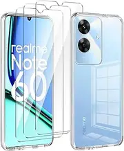 LYZXMY Case for Realme Note 60 (6.74 inches) Transparent Mobile Phone Case + 3 Tempered Glass Screen Protector Case Soft Silicone TPU Protective Cover