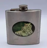 VTG White Bangle Tigers Pattern Stainless Steel 6oz Hip Drink Kidney Flask