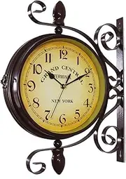 Outdoors Vintage Double Sided Wall Clock, Retro Antique Style Wall Clock Double-Sided Train Station Clock, Round Garden Clocks for Indoor Wall Decor Clock