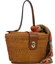 Patricia Nash Caselle Wicker Satchel Bag Tan & Brown Leather with Apricot Scarf
