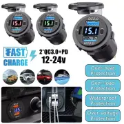 USB Car Charger Dual QC3.0 PD Port With Voltmeter Outlet Socket for 12V Boat RV