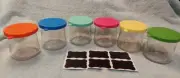 Lot of 6 Oui Yogurt 5 Oz Jars with New Silicone Lids Storage/Decor Black Labels