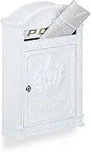 Relaxdays Antique Letterbox, 44.5 x 31 x 9.5 cm, English-Style Wall-Mount Mailbox, Cast Aluminum, for DIN A4 Letters, with Roof, White