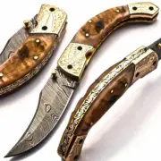 BEAUTIFUL HANDMADE CUSTOM DAMASCUS POCKET FOLDING KNIFE WITH LEATHER SHEATH