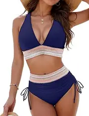 [HUTRADE] Bikini Women's Set Sexy Swimsuit Swimwear High Waist Colour Block Two Piece Drawstring Swimsuits Bikini for Women 2025 Summer, Navy, M