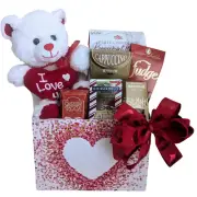 Valentine's Day Gift Basket with Plush Teddy Bear, Chocolates, Cookies, Hearts