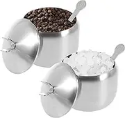 2Pcs Stainless Steel Sugar Pot, Sugar Bowl with Lids and Spoon Spice Jar Easy to Clean Gold Color Seasoning Bottle Versatile Storage Seasoning Pot Convenient Drum Shape Condiment Container (Silver)