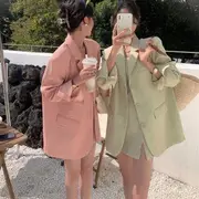 Spaghetti Strap Square Neck Plain Slit Mini Sheath Dress / Oversized Single-Breasted Blazer Dress - Pink - L