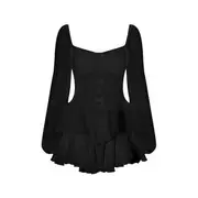 Puff-Sleeve Sweetheart-Neckline Plain Mini A-Line Layered Dress Padded - Black - M