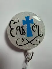 retractable badge holder Easter With Pretty Blue Cross