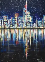Charming Arthur Kinslow Orginal Painting "Nighttime in the City" Hand Signed COA