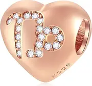 [GLOWDAS] Rose Gold Zodiac Sign with Clear CZ Heart Charms in 925 Sterling Silver, 12 Constellation/Horoscope Beads fits European Birday Bracelet/Necklace, Gifts for Family/Lovers/Friends