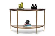 French Brass Half Round Hallway Console Table with Wood Top in Dark