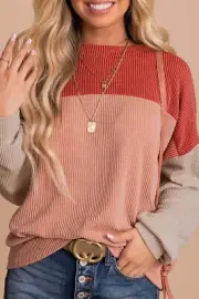Fiery Red Color Block Long Sleeve Ribbed Loose Top
