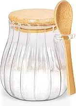 Quald 15oz Sugar Container with Bamboo Lid and Spoon,Sugar Bowl Glass Jar for Coffee Bar Accessories Coffee Canister Kitchen Decor (Medium)
