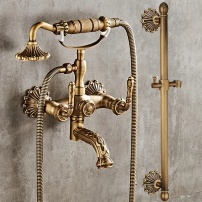 Antique Brass Bathtub Shower Faucets Set Wall Mounted Bath Shower Set Swivel Tub